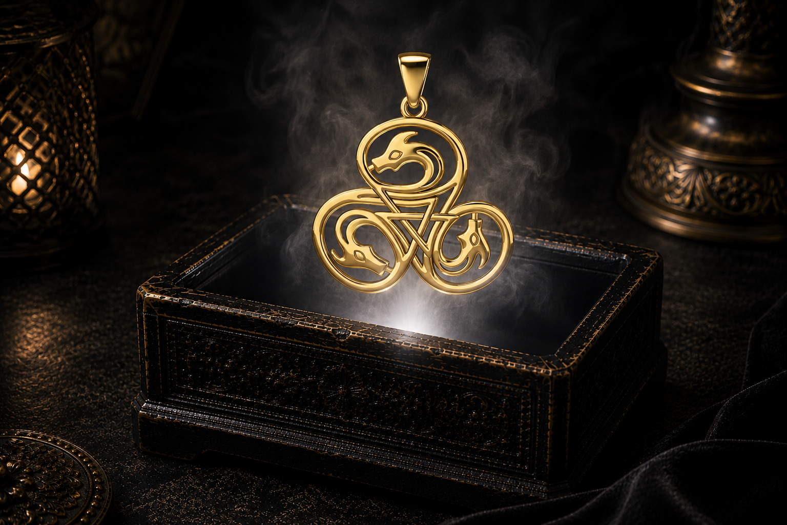 Solid yellow gold Celtic dragon triskele pendant floating above an ornate black jewelry box with smoky white glow, candlelit accents, and a dark luxurious mythic setting.