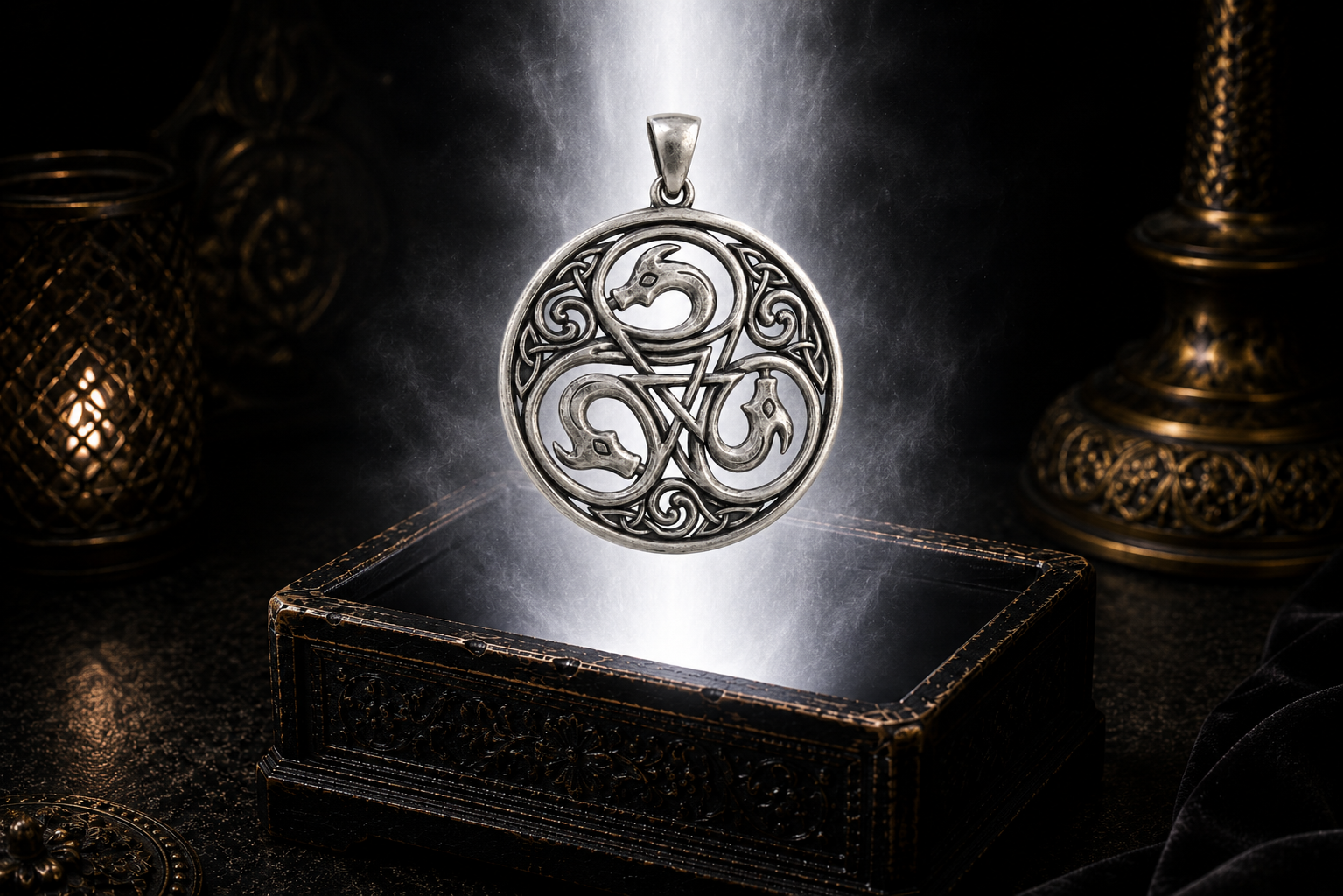 Sterling silver Dragon Triskele disc pendant floating above an ornate jewelry box surrounded by soft glowing light in a dark luxury setting, featuring three intertwined dragon heads forming a sacred triskele within an intricate Celtic circular frame.