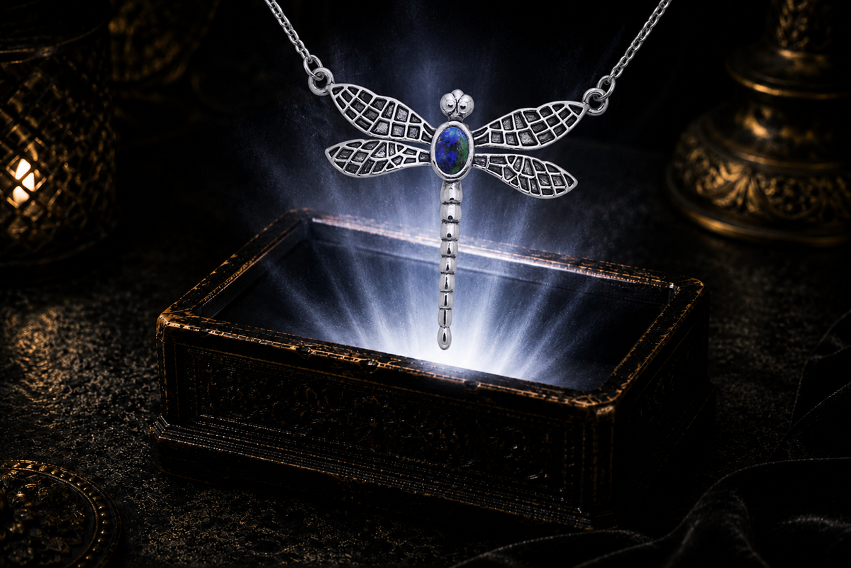 Sterling silver dragonfly pendant with azurite gemstone illuminated above an ornate jewelry chest surrounded by soft glowing light