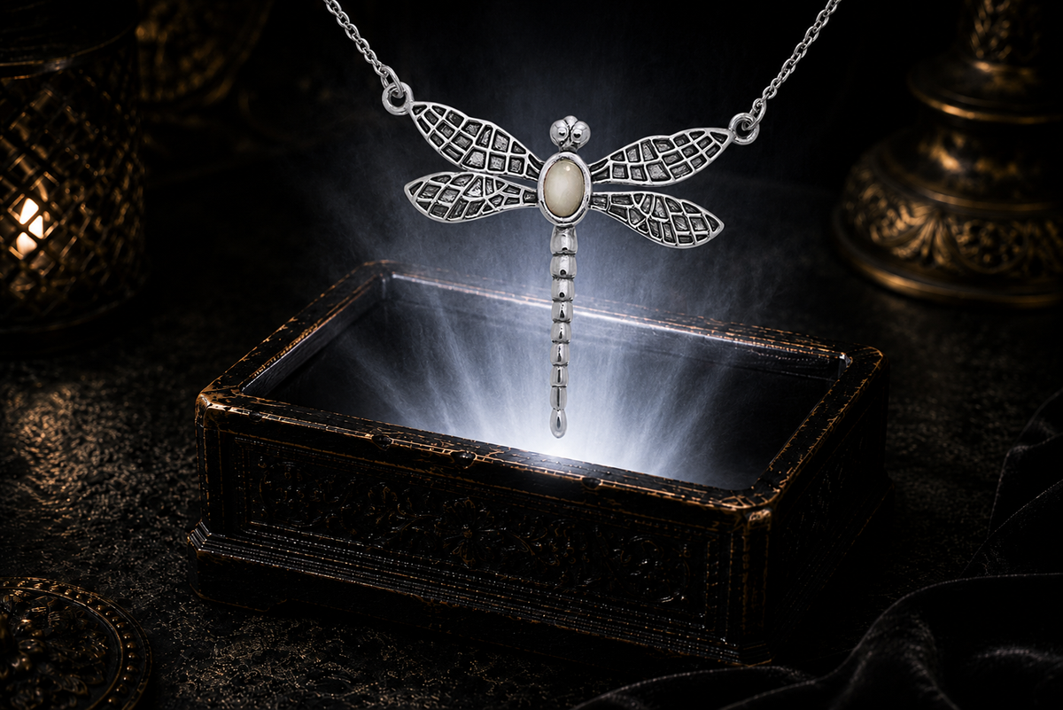 Sterling silver dragonfly pendant with mother of pearl gemstone floating above a radiant jewelry chest in an elegant cinematic atmosphere