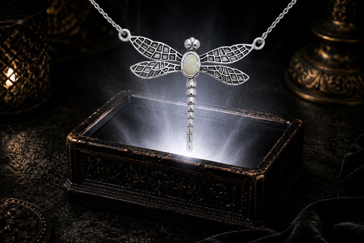 Sterling silver dragonfly pendant with opal gemstone floating above a luminous jewelry chest in a dark mystical setting