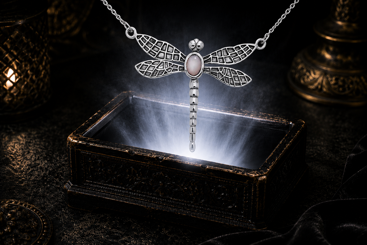 Sterling silver dragonfly necklace with pink shell gemstone illuminated above a glowing ornate jewelry box with warm reflections