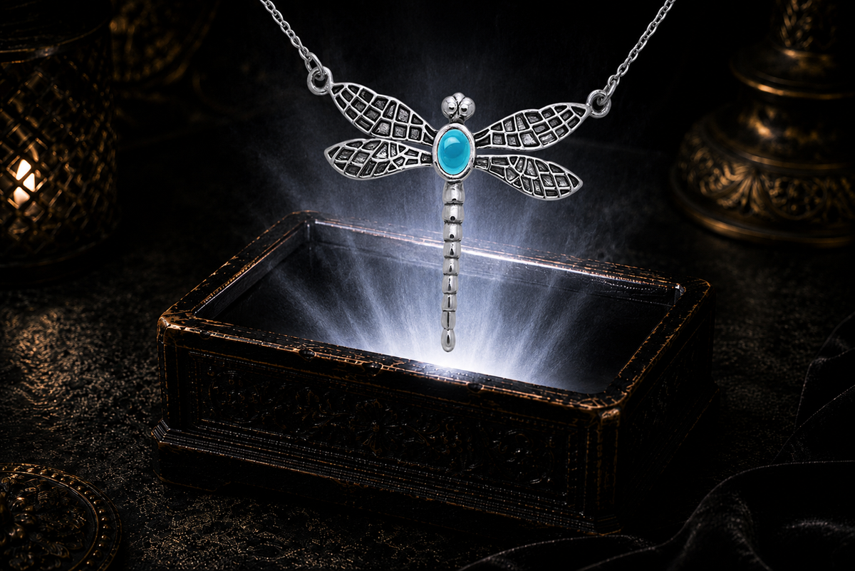 Sterling silver dragonfly necklace with turquoise gemstone displayed above an ornate dark jewelry box against a shadowed luxury backdrop