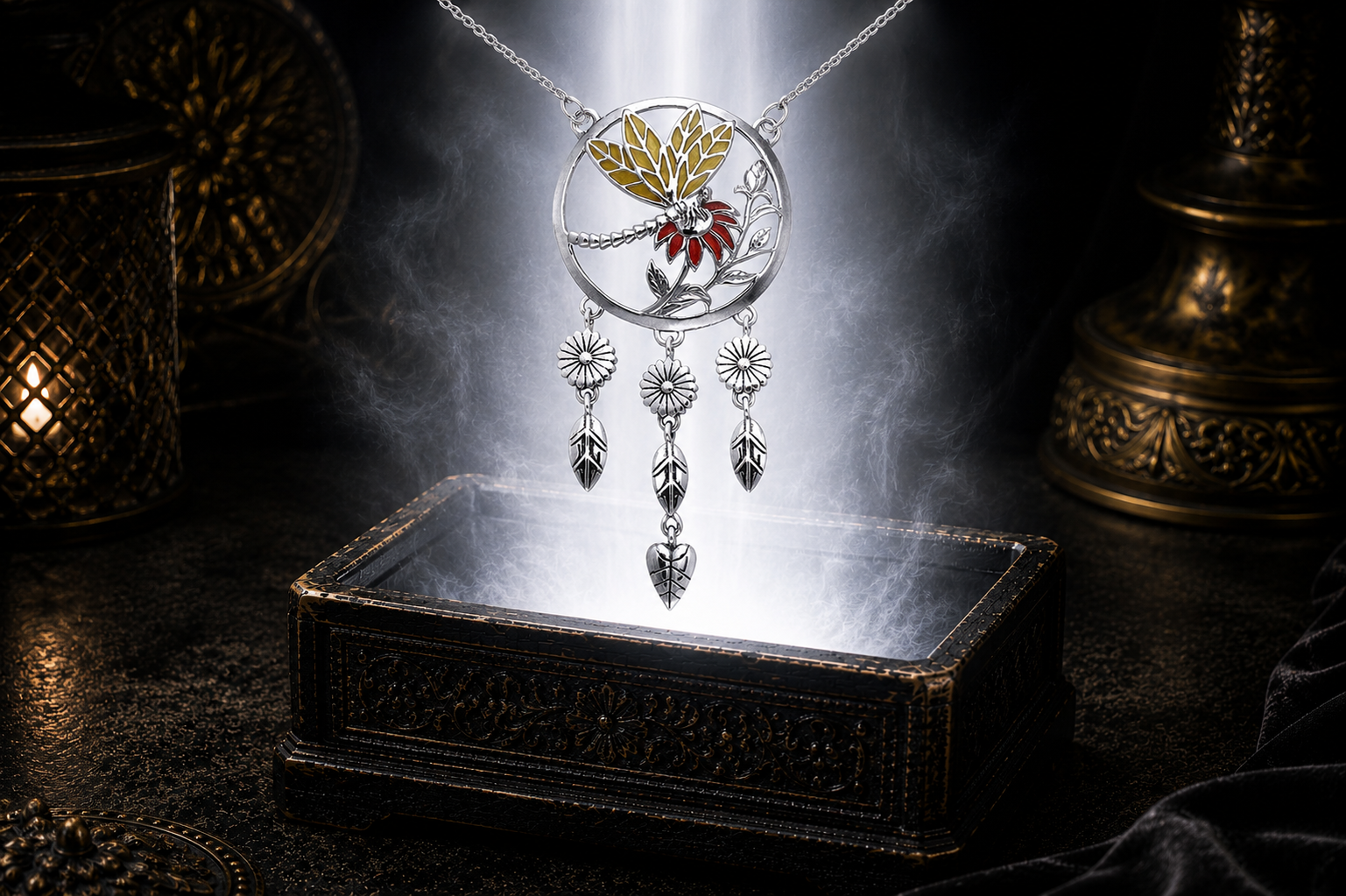 Sterling silver dragonfly dreamcatcher necklace with colorful enamel wings floating above an ornate jewelry box in a dark cinematic luxury setting