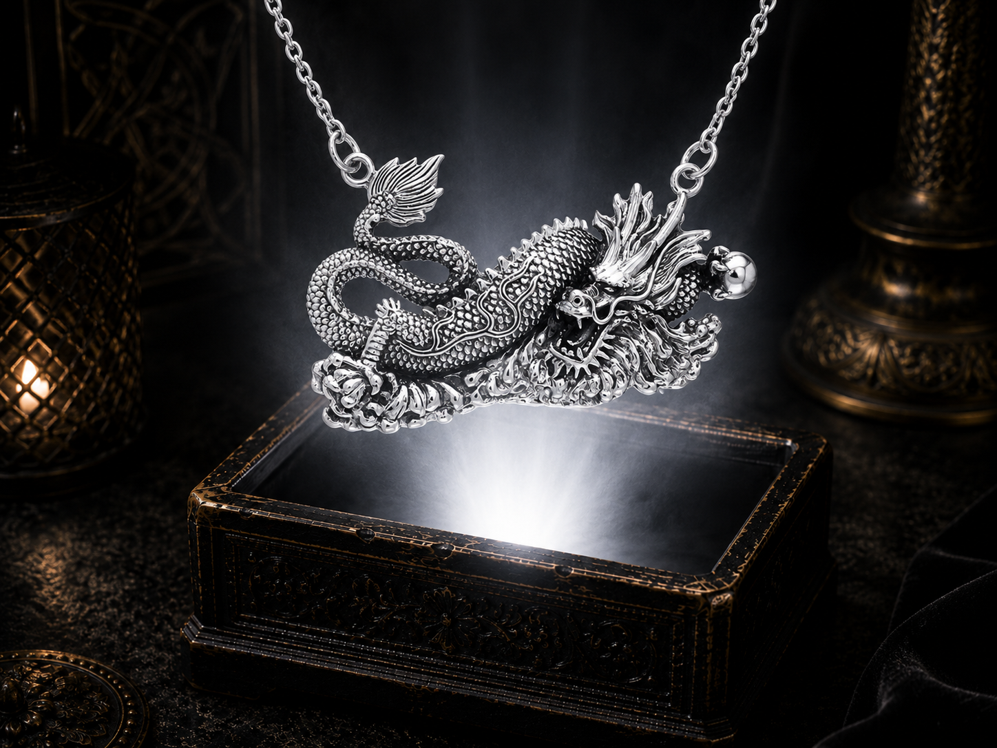 Sterling silver Eastern Chinese dragon pendant necklace floating above a luminous ornate jewelry box in a dark cinematic luxury setting