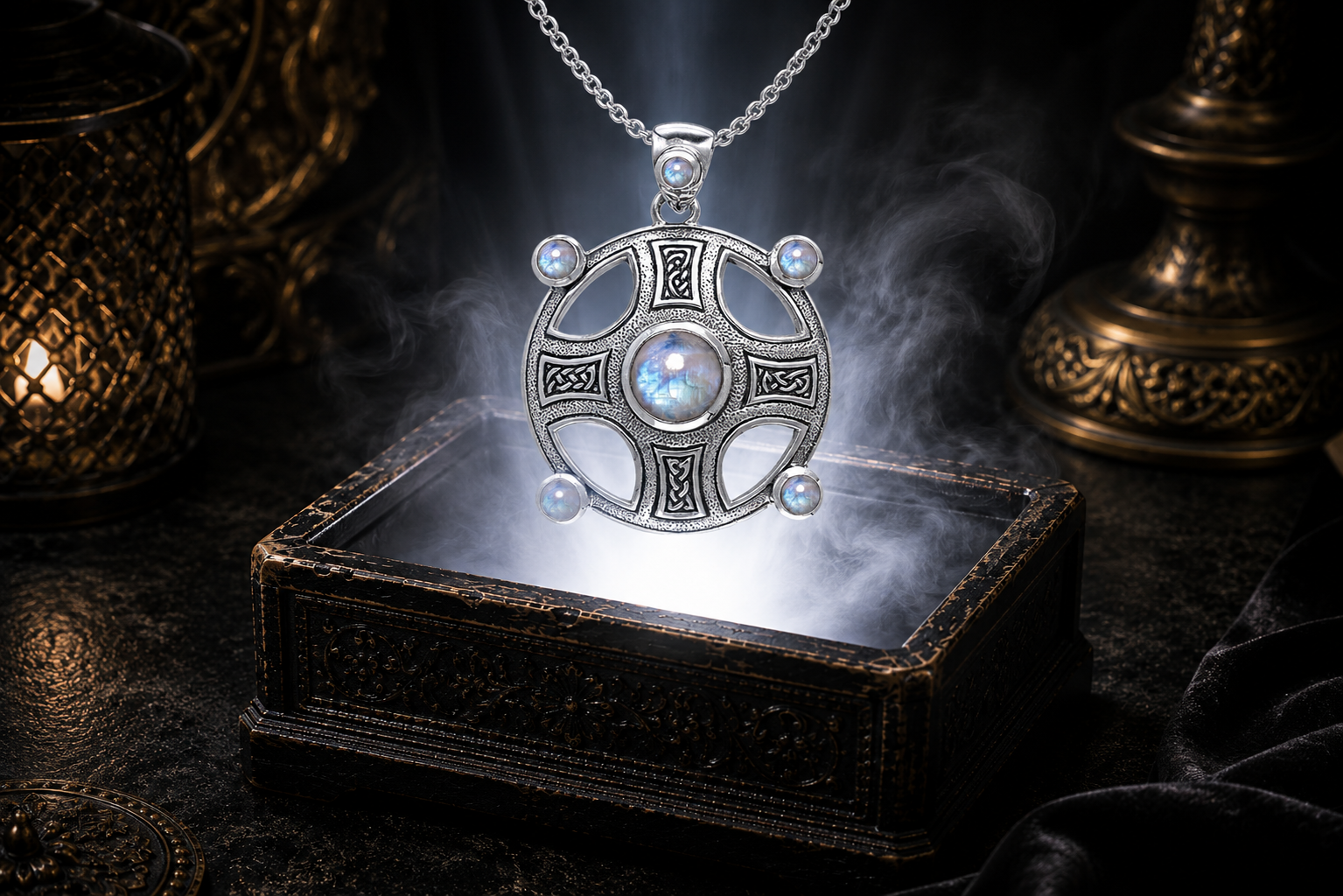 Sterling silver Elemental Shield Celtic Cross pendant with genuine Rainbow Moonstone floating above an ornate jewelry box illuminated by soft white light in a dark luxury Celtic-inspired setting.