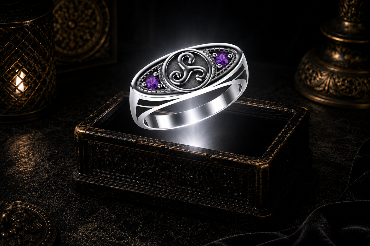Sterling silver ellipse triskele ring with amethyst gemstone studs floating above a glowing antique jewelry box in a cinematic luxury setting