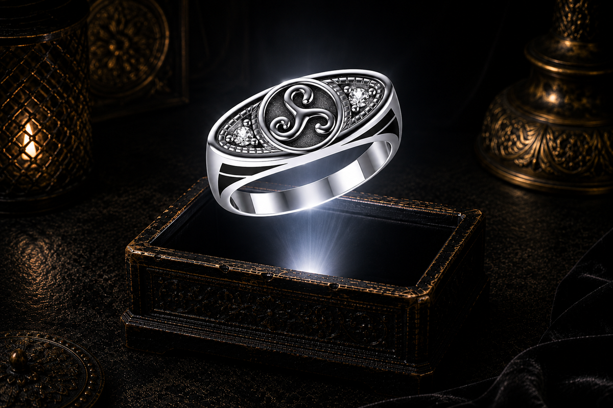 Sterling silver ellipse triskele ring with cubic zirconia gemstone studs hovering above a radiant antique jewelry box in a dark luxury setting
