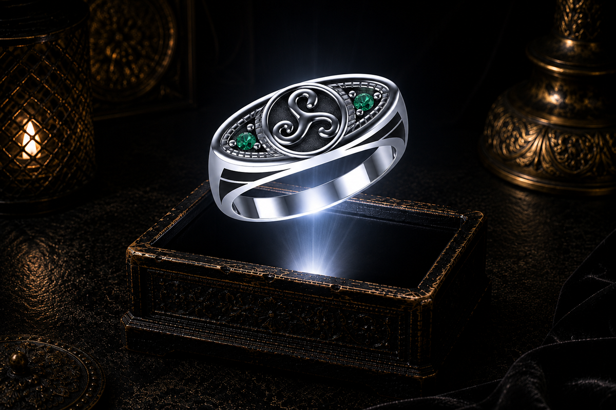 Sterling silver ellipse triskele ring with emerald green gemstone studs showcased above a glowing antique jewelry box in a luxurious cinematic atmosphere