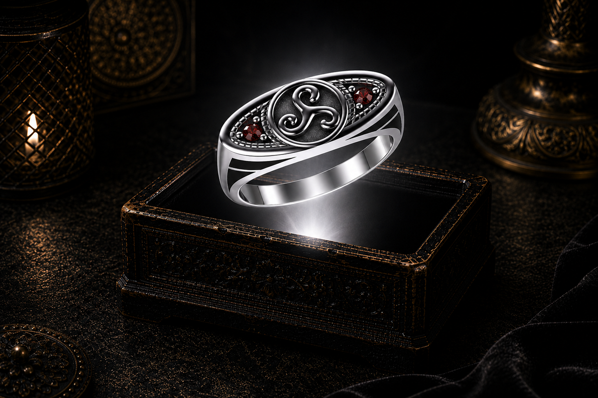 Sterling silver ellipse triskele ring with garnet gemstone studs displayed above a glowing antique jewelry box in a dramatic cinematic scene