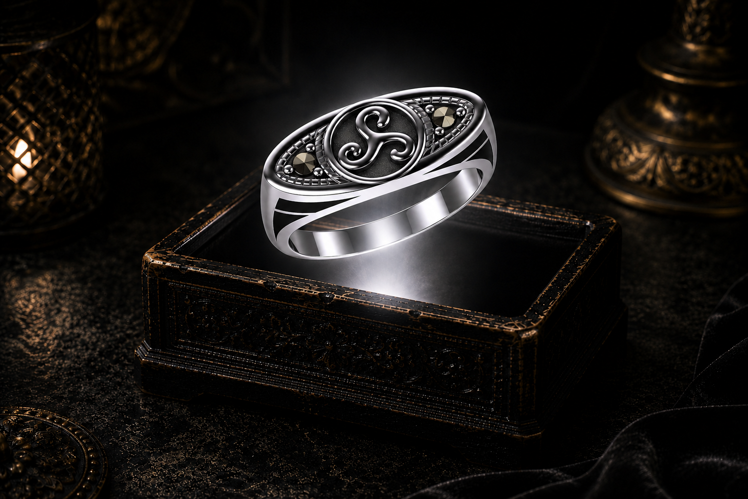 Sterling silver ellipse triskele ring with marcasite gemstone studs floating above a glowing antique jewelry box in a cinematic luxury setting