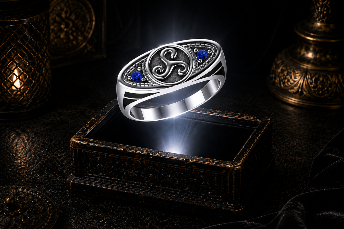 Sterling silver ellipse triskele ring with sapphire gemstone studs floating above an illuminated antique jewelry box in a cinematic luxury setting