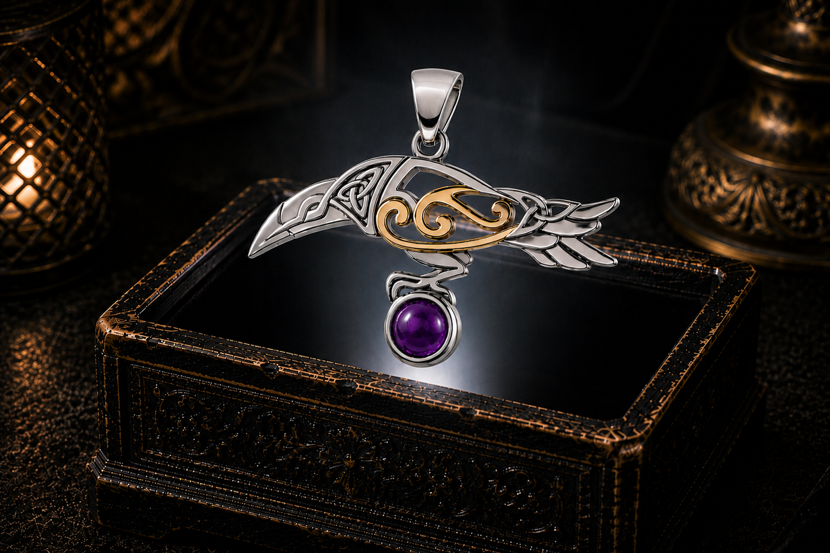 Celtic raven pendant with smooth amethyst gemstone floating above antique black jewelry box in cinematic gothic lighting