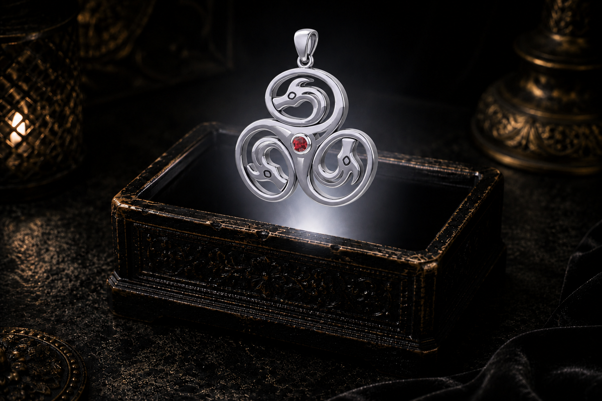 Sterling silver Celtic triple dragon pendant featuring a garnet gemstone suspended within a white beam of light above an ornate keepsake box.