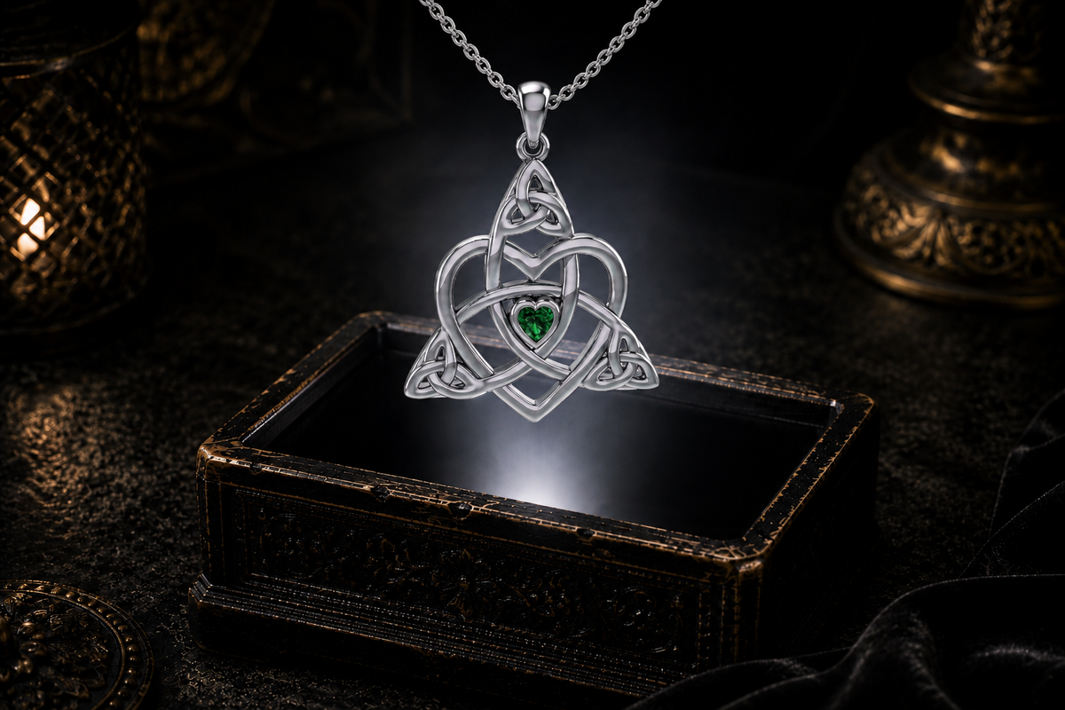 Sterling silver Celtic Trinity heart pendant with emerald and cable chain suspended above an ornate jewelry box in soft atmospheric light