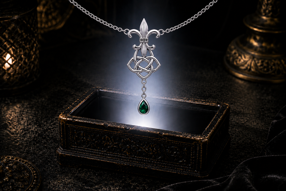 Emerald glass Celtic Fleur De Lis sterling silver pendant necklace floating above a luminous dark jewelry chest with warm glowing light