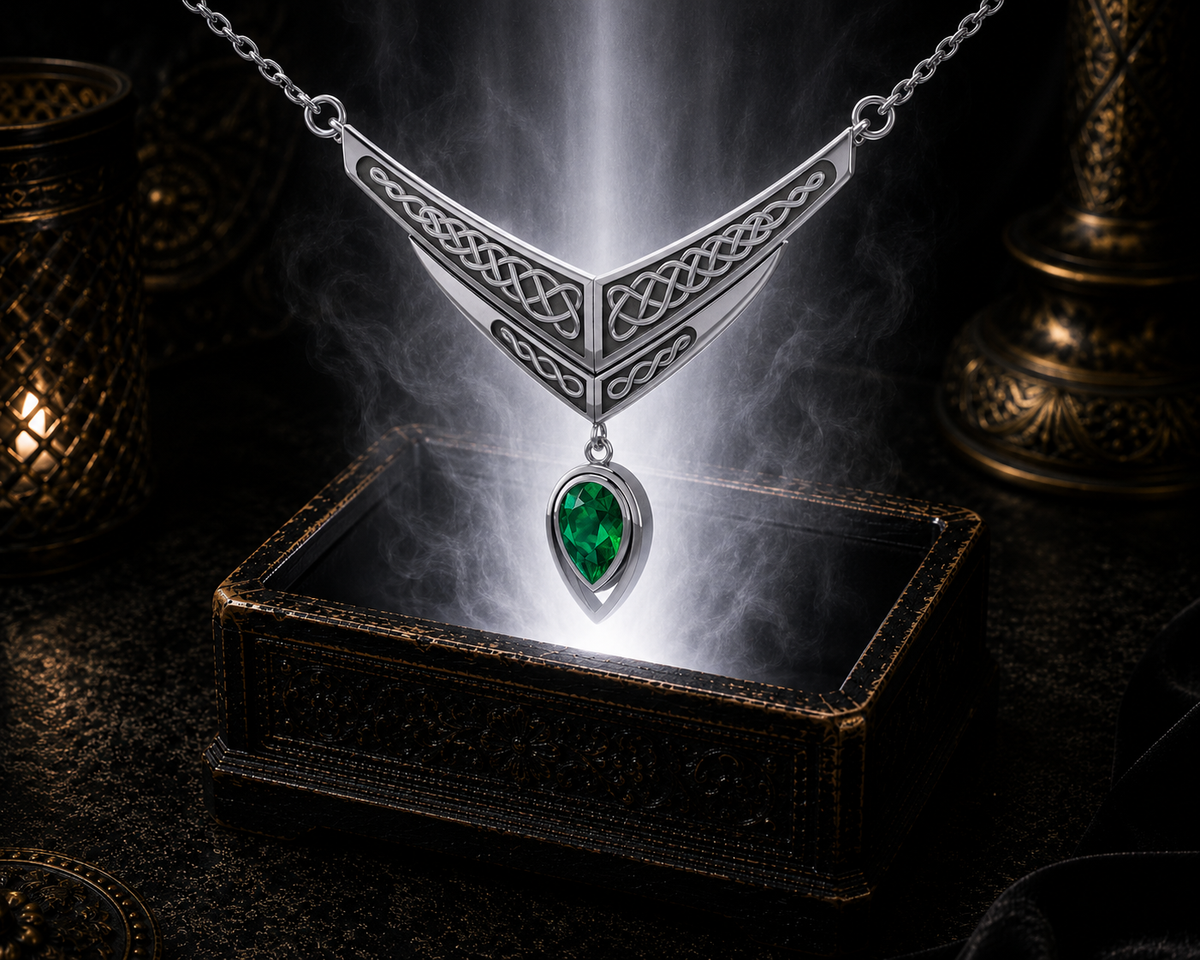 Emerald glass sterling silver Celtic interlace wing necklace displayed in an elegant shadowed setting with glowing mist and polished reflections