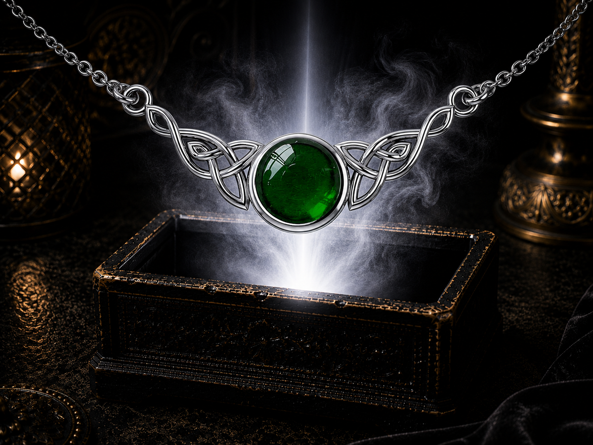 Emerald glass Celtic knot sterling silver necklace suspended above a glowing ornate jewelry box in a cinematic luxury environment