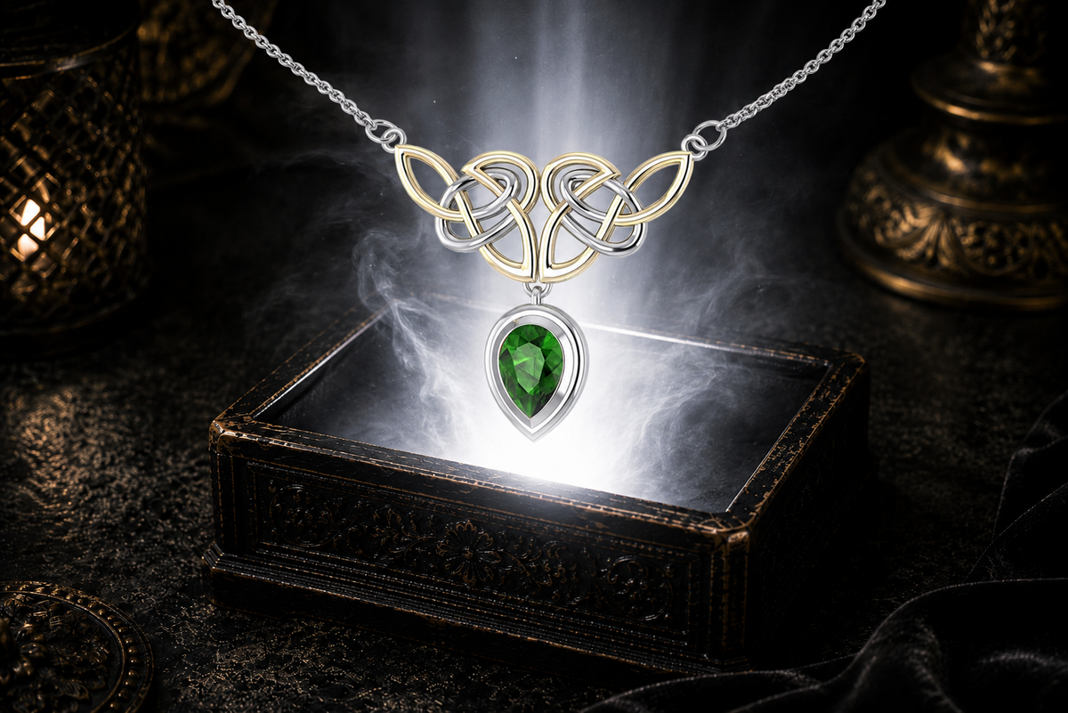 Sterling silver Celtic Trinity Knot necklace with pear cut emerald glass gemstone and 14K gold accents displayed above an ornate dark jewelry box in a luxurious shadowed setting