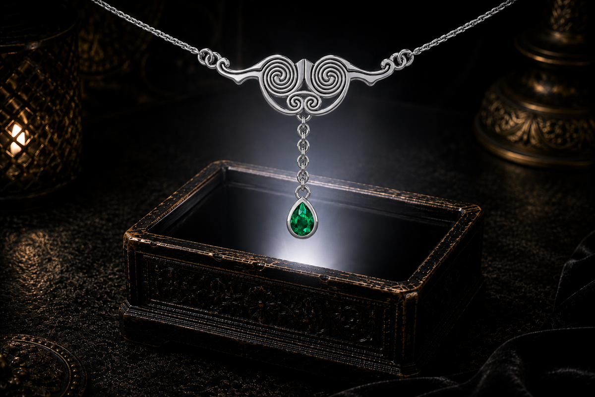 Sterling silver twin spiral necklace with emerald glass gemstone dangles illuminated above a luminous dark jewelry chest