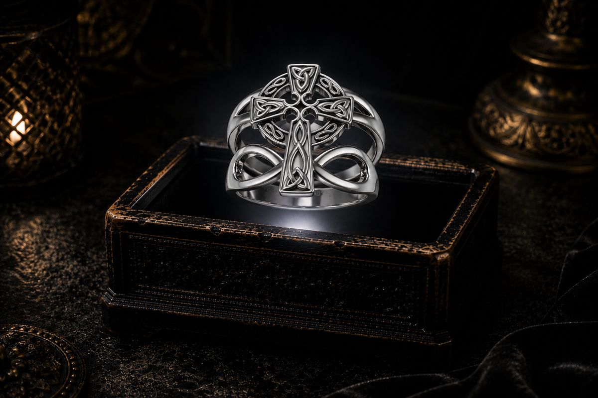 Sterling silver Eternal Celtic Cross Infinity Ring with intricate Celtic knotwork displayed on a dark cinematic luxury jewelry background