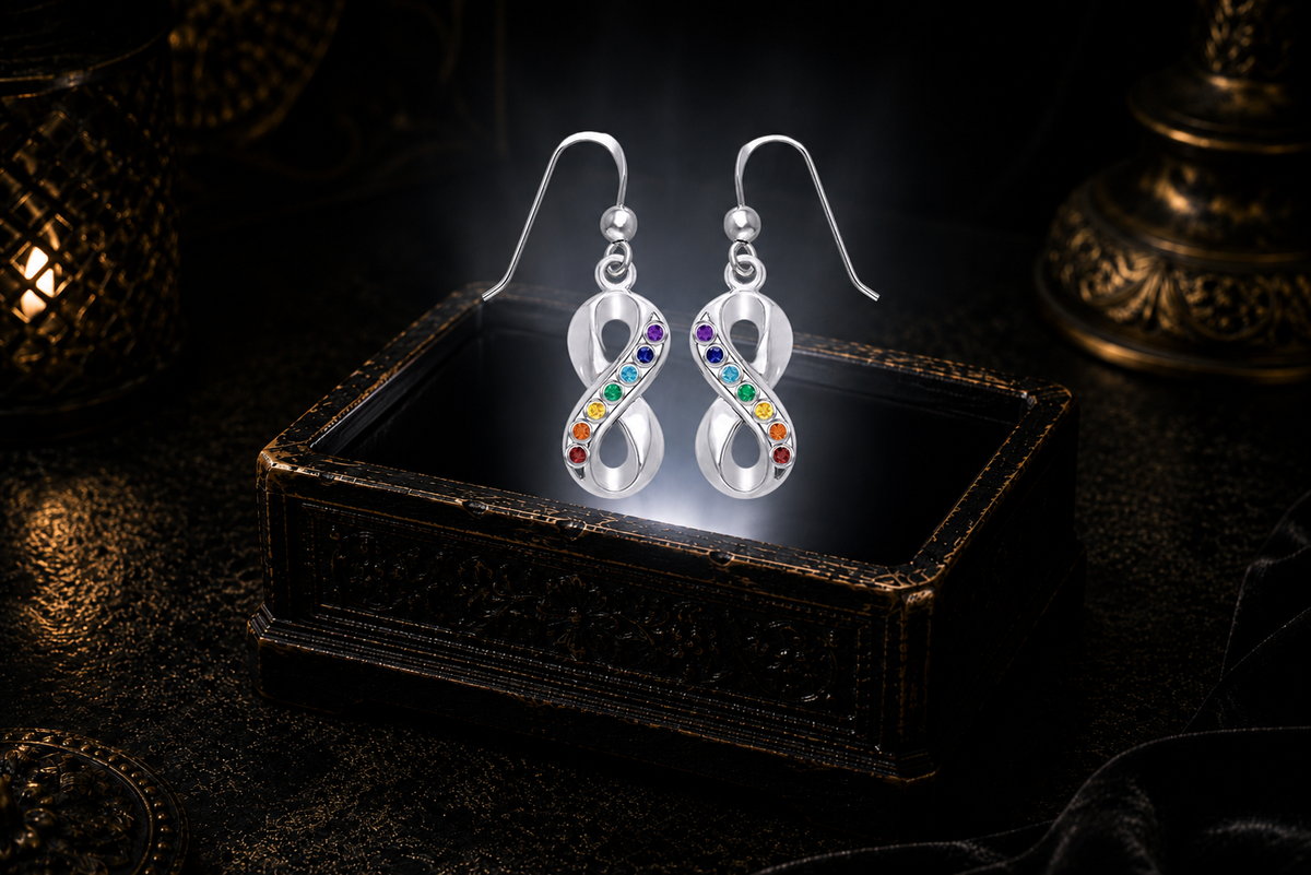 Sterling silver chakra infinity earrings with multicolored gemstones floating above a glowing ornate jewelry box in a dark luxury setting