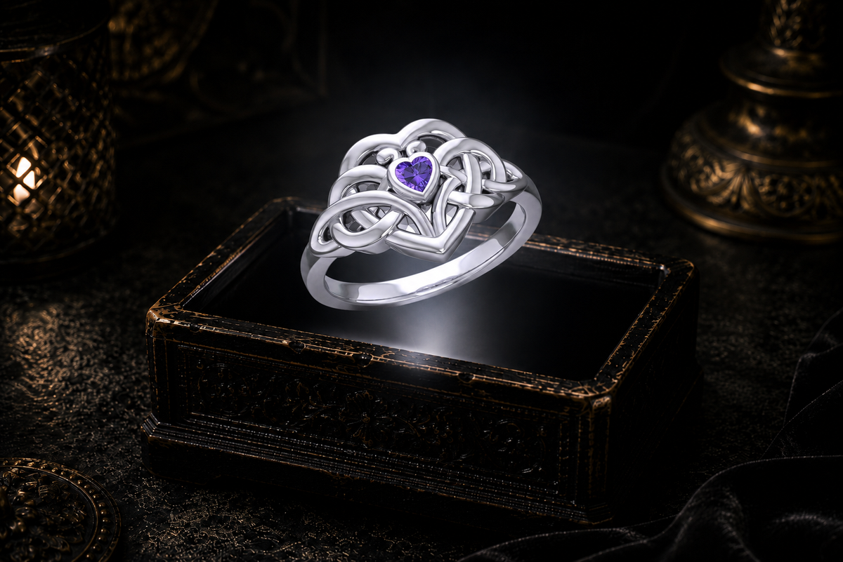 Sterling silver Eternal Embrace Celtic heart ring with heart-shaped amethyst gemstone floating above a glowing antique jewelry box in a cinematic luxury setting