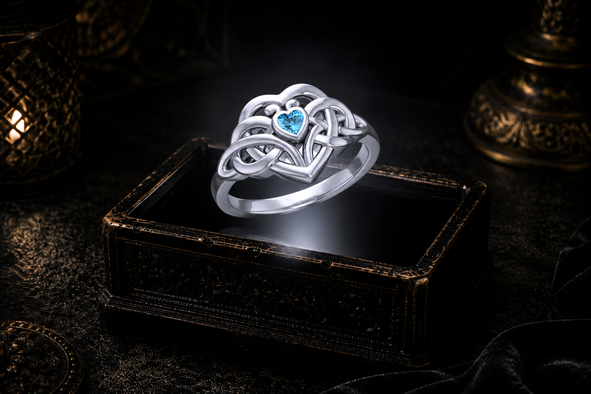 Sterling silver Eternal Embrace Celtic heart ring with heart-shaped blue topaz gemstone illuminated above an antique jewelry box with cinematic lighting