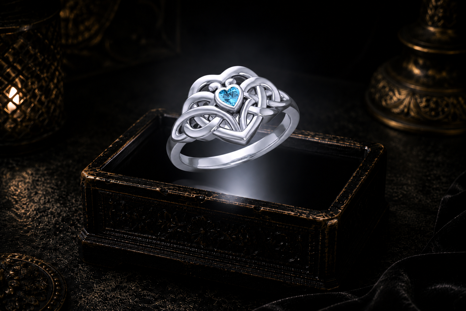 Sterling silver Eternal Embrace Celtic heart ring with heart-shaped amethyst gemstone floating above a glowing antique jewelry box in a cinematic luxury setting