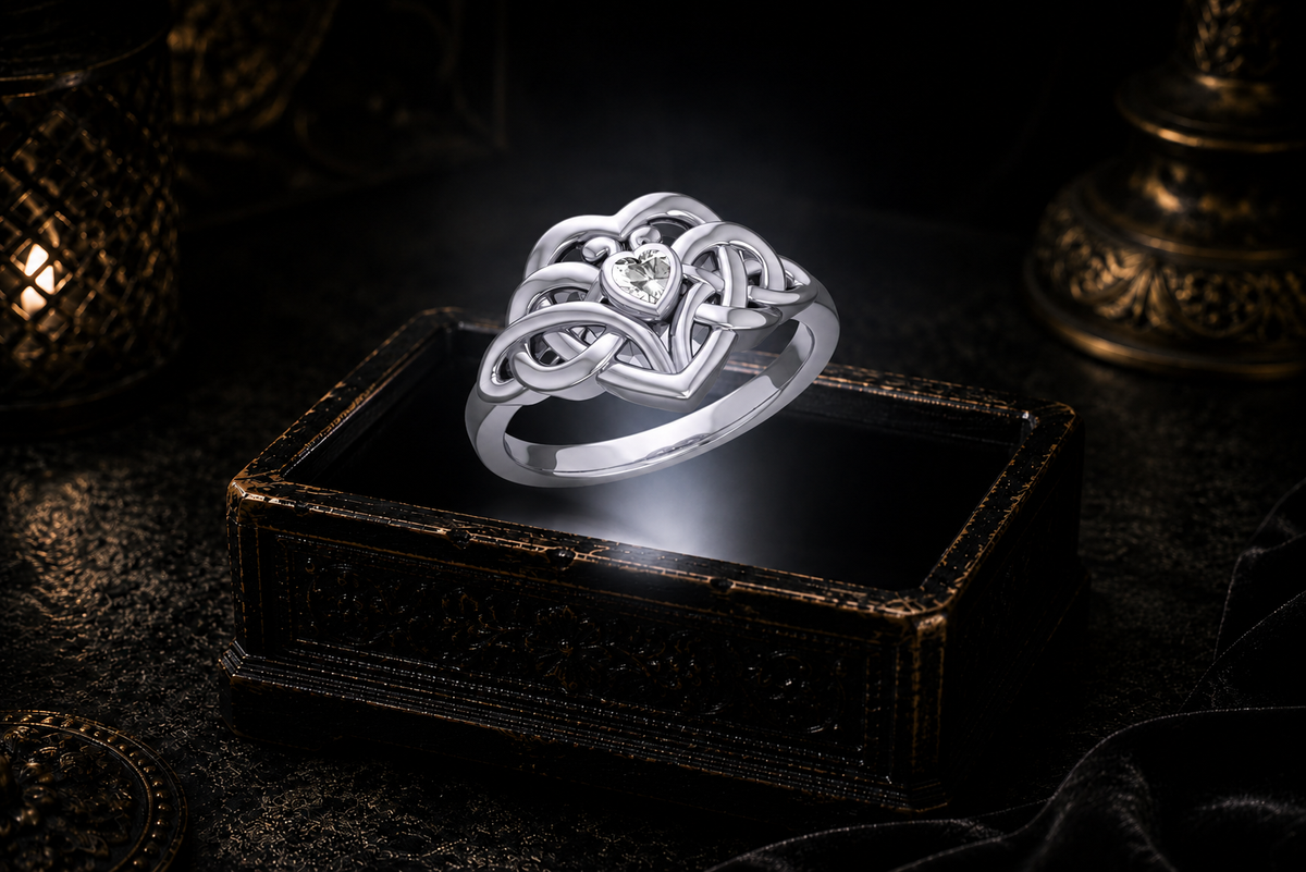 Sterling silver Eternal Embrace Celtic heart ring with heart-shaped cubic zirconia gemstone hovering above a radiant antique jewelry box in a dark luxury setting