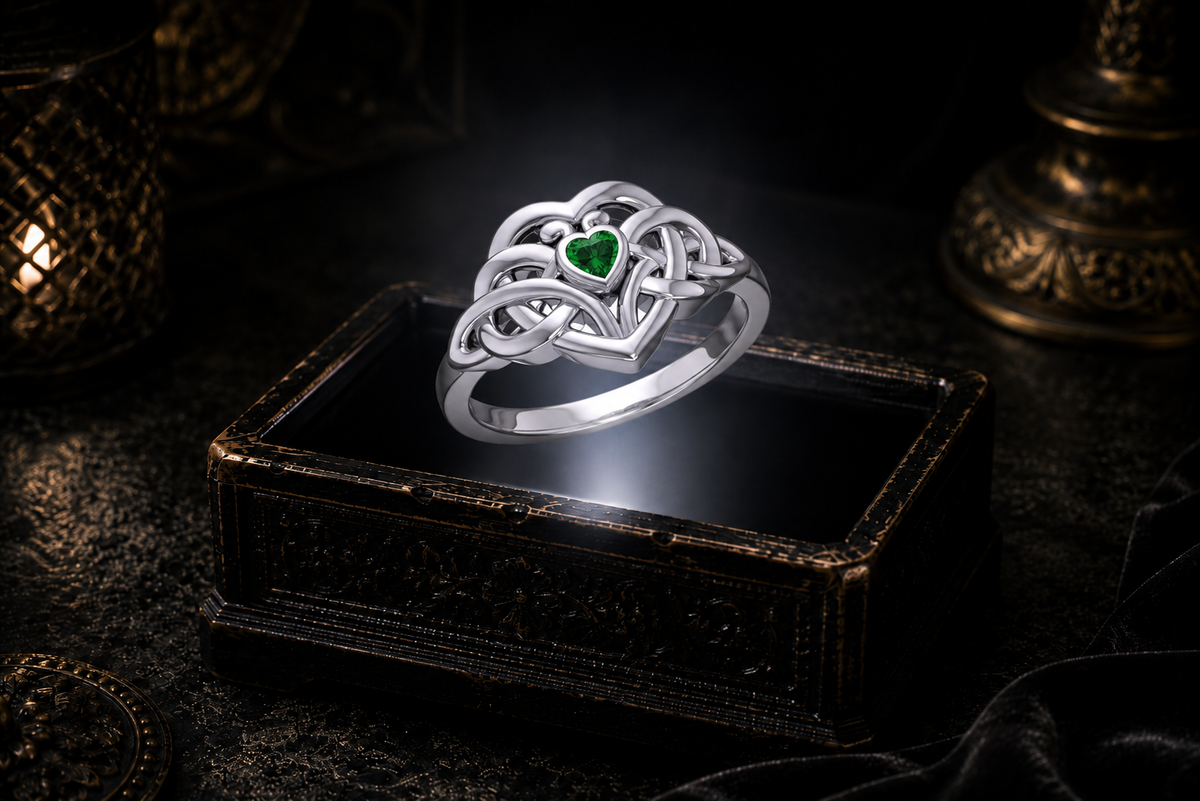 Sterling silver Eternal Embrace Celtic heart ring with heart-shaped emerald green gemstone showcased above a glowing antique jewelry box in a luxurious cinematic atmosphere