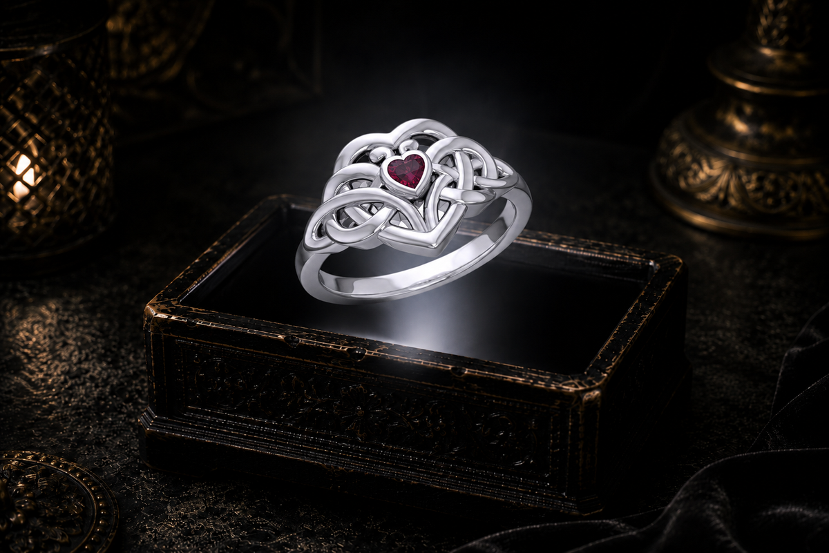 Sterling silver Eternal Embrace Celtic heart ring with heart-shaped garnet gemstone displayed above a glowing antique jewelry box in a dramatic cinematic scene