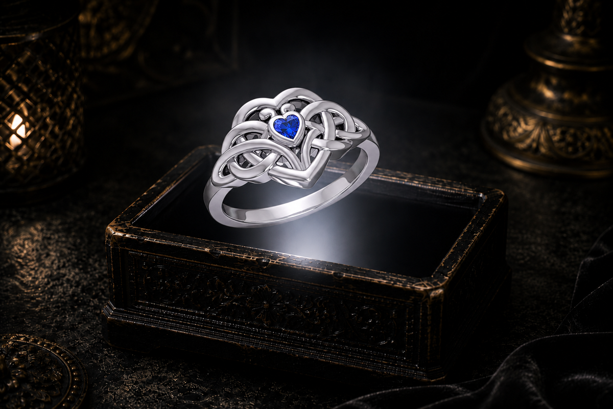 Sterling silver Eternal Embrace Celtic heart ring with heart-shaped sapphire gemstone floating above an illuminated antique jewelry box in a cinematic luxury setting