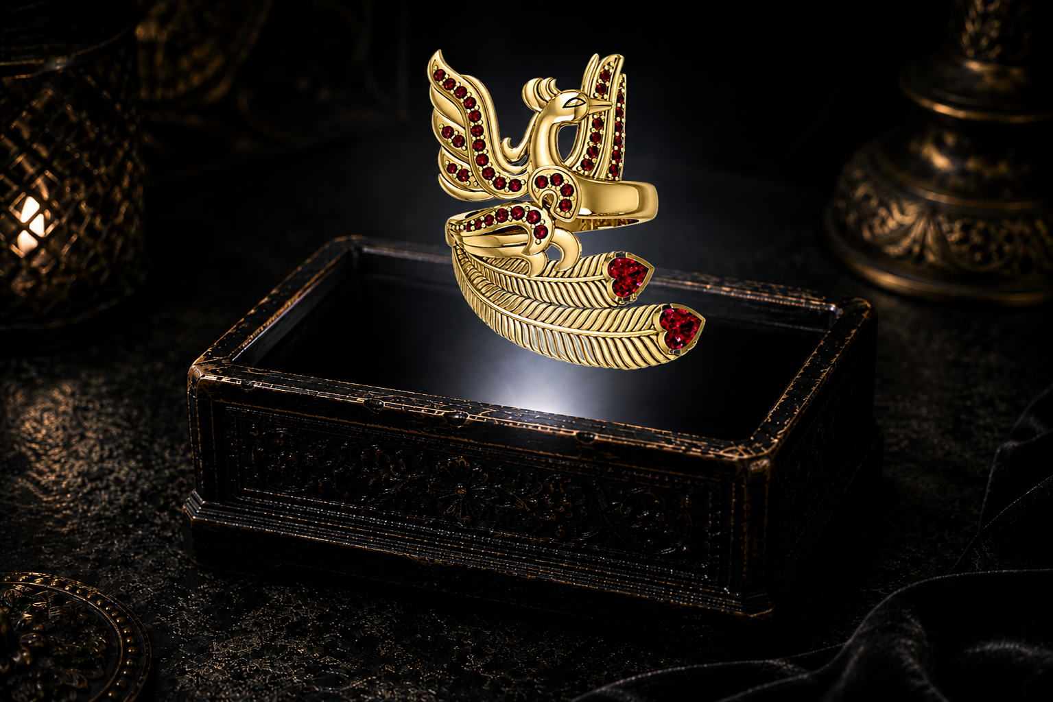 Eternal Phoenix Garnet Ring in 14K solid gold with genuine garnet gemstones displayed on a dark cinematic luxury jewelry background