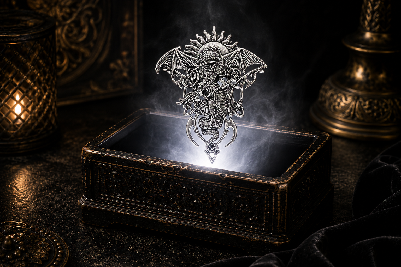 Fire-Breathing Celtic Dragon Sterling Silver Pendant featuring a radiant sun with blazing rays, intricate Celtic interlace knotwork, detailed dragon scales, and ornate openwork craftsmanship.