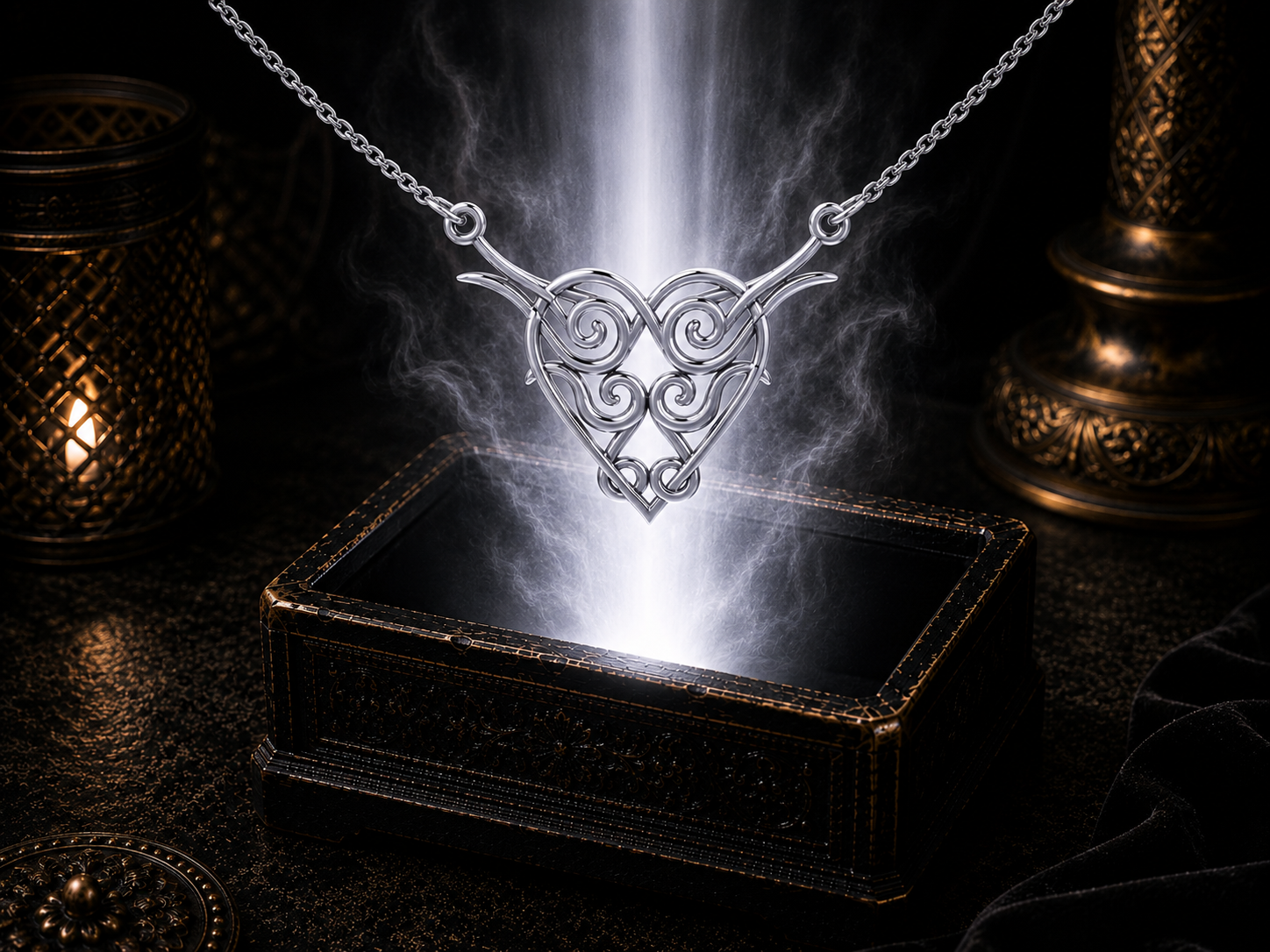 Sterling silver flaming heart Celtic knot necklace floating above an ornate jewelry box surrounded by glowing mist in a dark cinematic luxury setting
