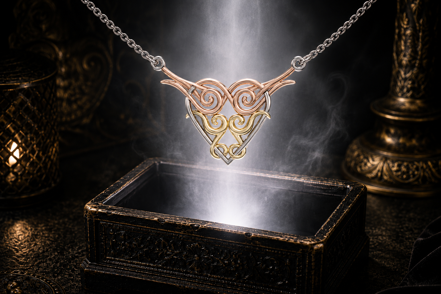 accents floating above an ornate jewelry box surrounded by soft glowing light in a dark luxury setting.