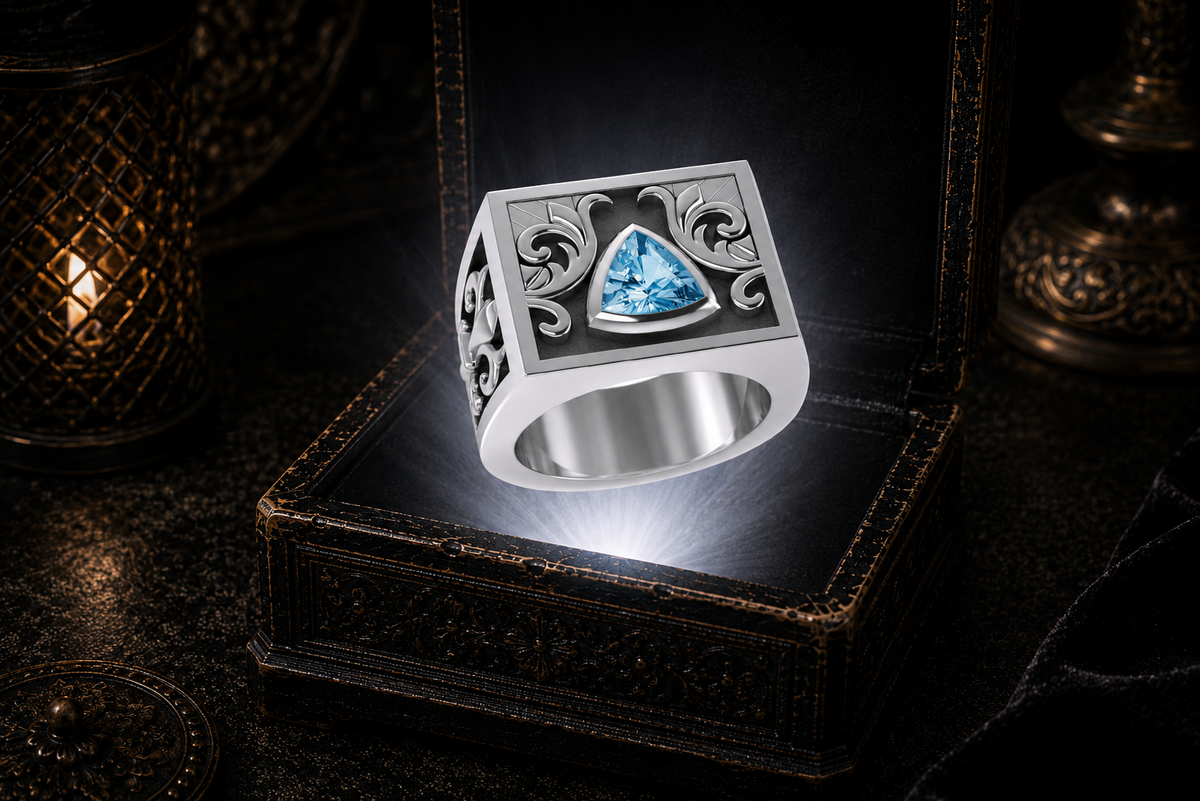 Fleur de Lis AA recovery sterling silver ring with blue topaz gemstone showcased above a glowing antique jewelry box in a luxurious dark gothic atmosphere