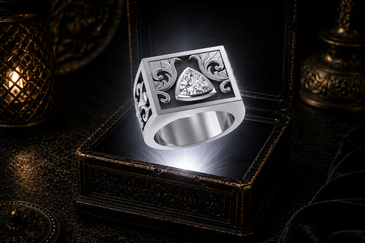 Fleur de Lis addiction recovery ring in sterling silver with cubic zirconia gemstone floating above an illuminated antique jewelry box with cinematic luxury styling