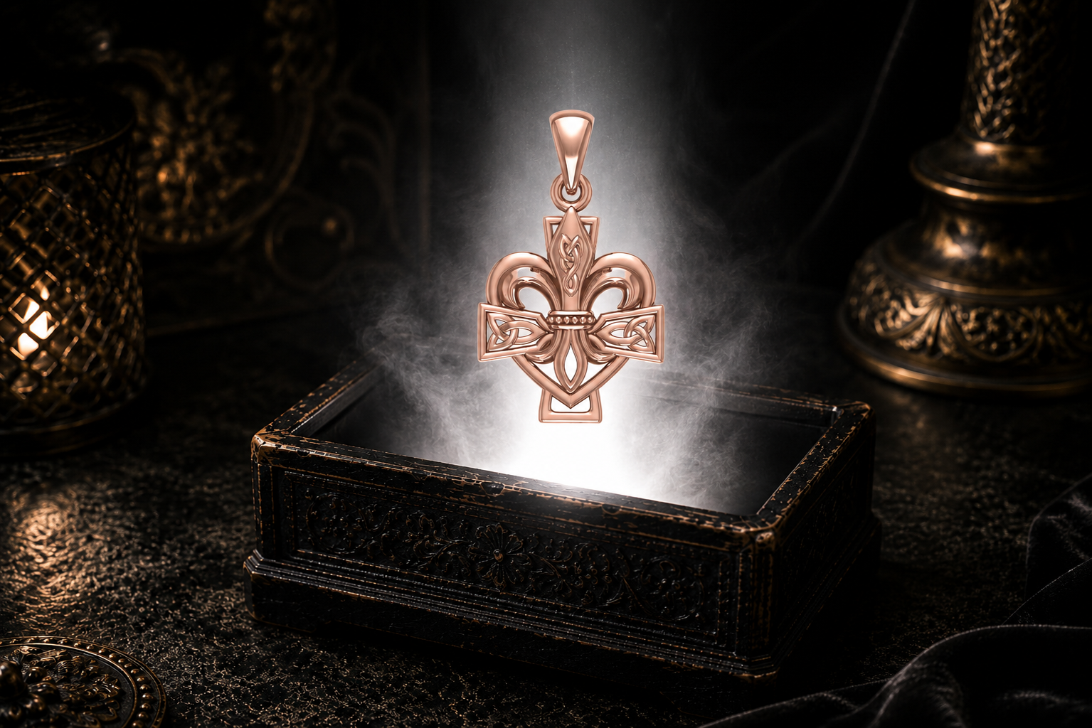 Rose gold Fleur-de-Lis Celtic Cross pendant floating above an ornate black jewelry box illuminated by soft white light, surrounded by subtle mist and candlelit reflections in a dark luxury Celtic setting.