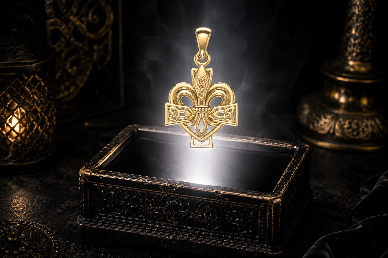 Yellow gold Fleur-de-Lis Celtic Cross pendant floating above an ornate black jewelry box illuminated by soft white light, surrounded by subtle mist and candlelit reflections in a dark luxury Celtic setting.