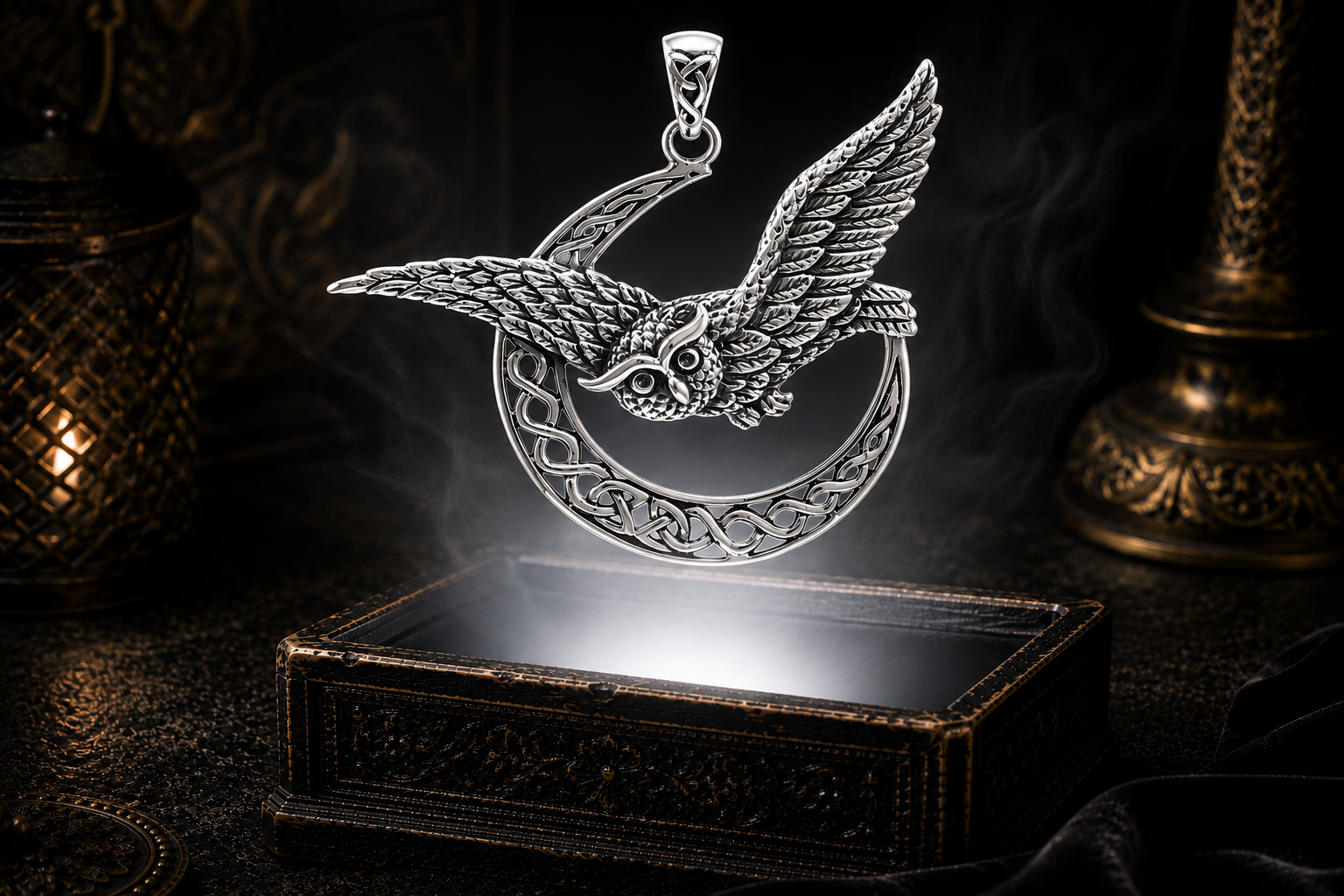 Sterling silver flying owl pendant soaring across a Celtic crescent moon with intricate knotwork, floating above an ornate jewelry box in a dark cinematic luxury setting illuminated by a mystical glow.