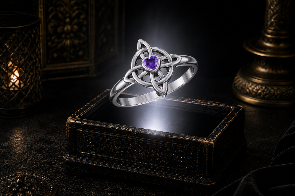 Sterling silver four-point Celtic cross ring with heart-shaped amethyst gemstone floating above a glowing antique jewelry box in a cinematic luxury setting