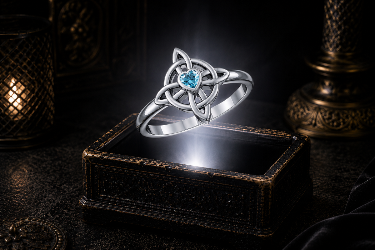 Sterling silver four-point Celtic cross ring with heart-shaped blue topaz gemstone floating above an illuminated antique jewelry box with cinematic fantasy styling