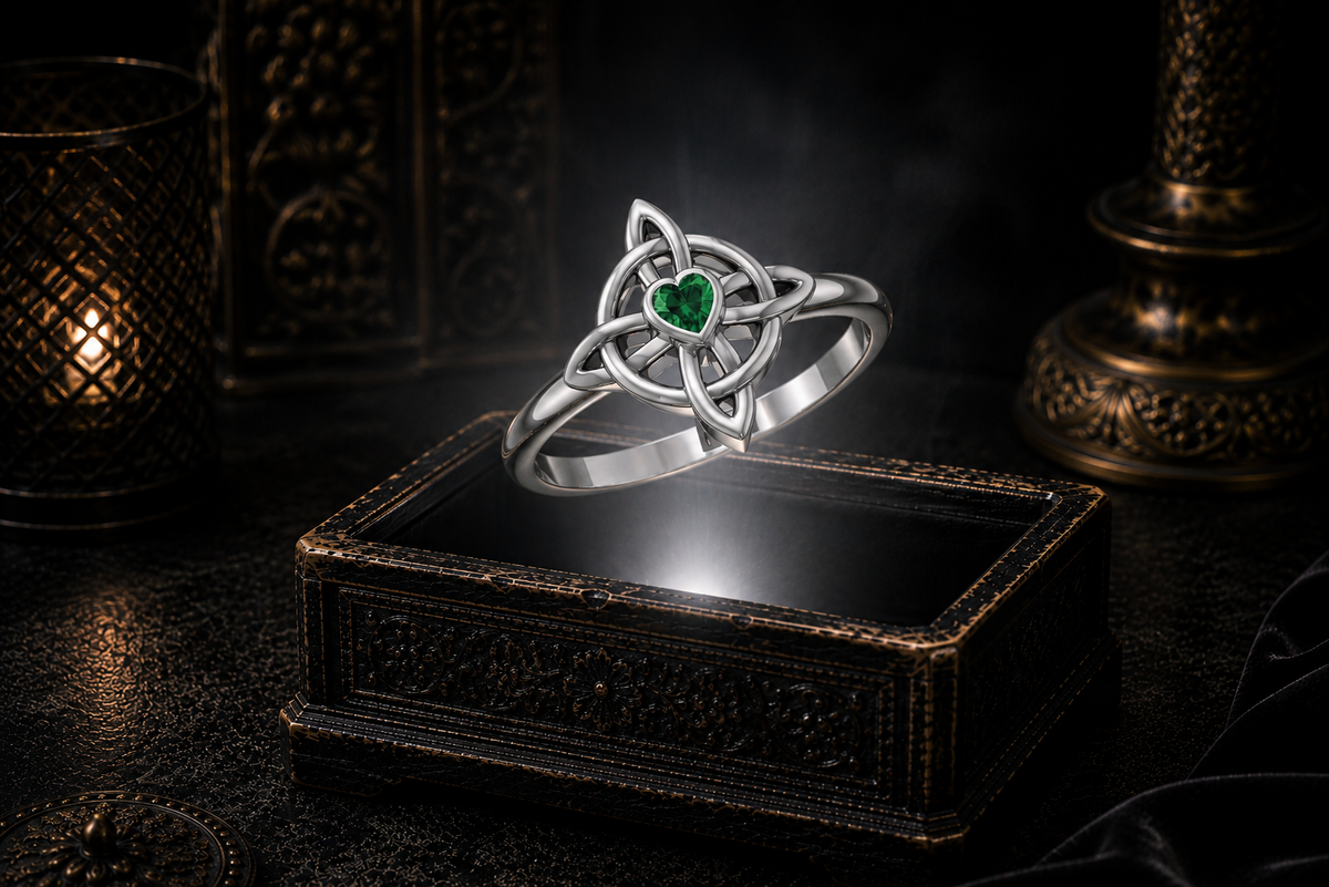 Sterling silver four-point Celtic cross ring with heart-shaped emerald green gemstone illuminated above an antique jewelry box with cinematic lighting