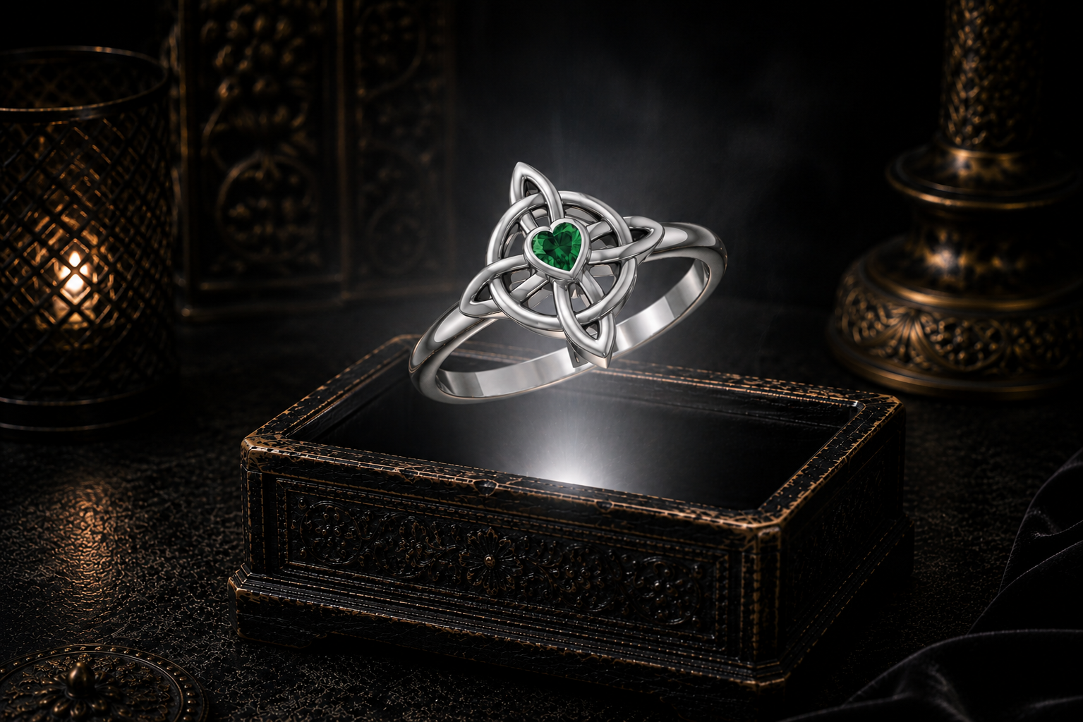 Sterling silver four-point Celtic cross ring with heart-shaped amethyst gemstone floating above a glowing antique jewelry box in a cinematic luxury setting