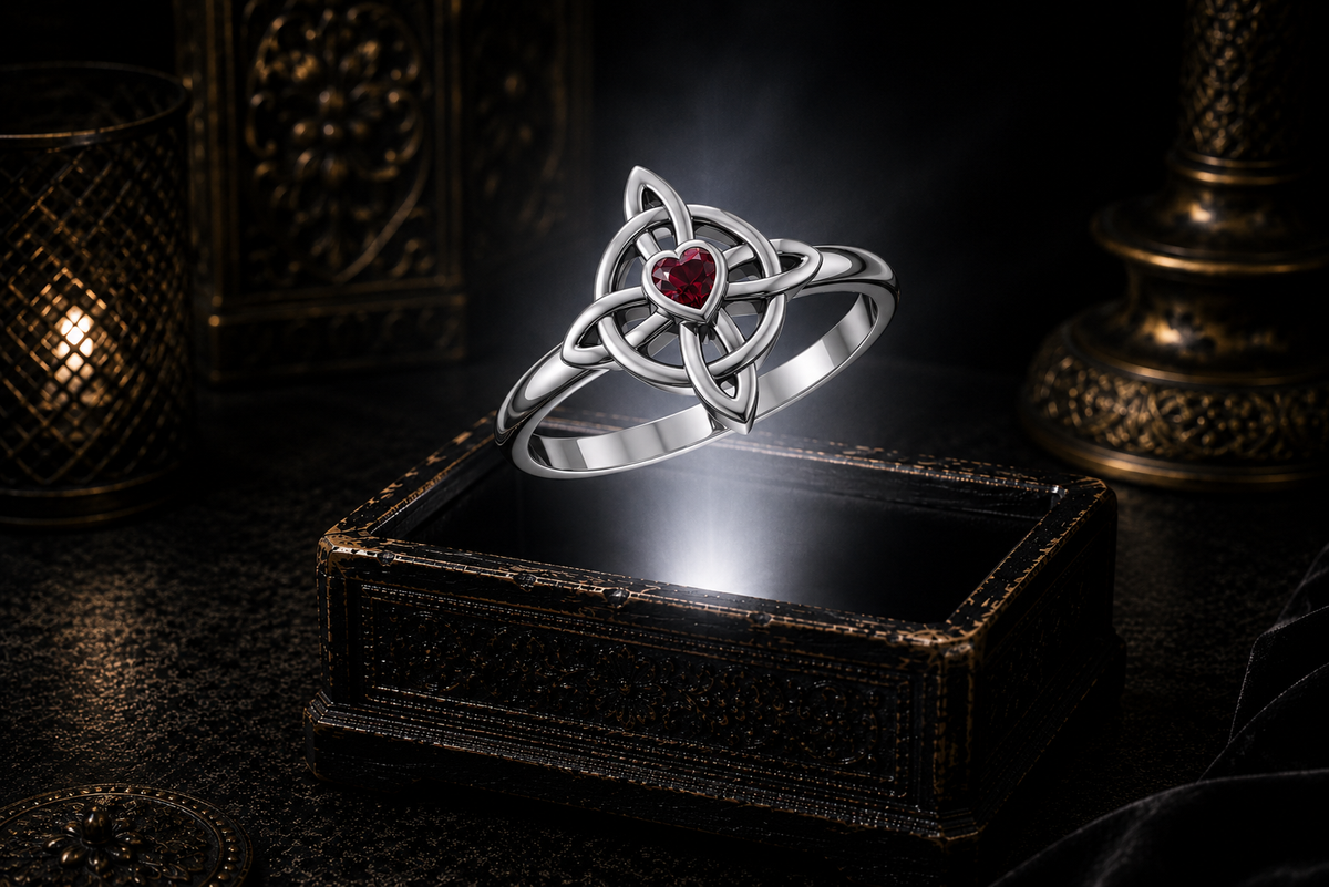 Sterling silver four-point Celtic cross ring with heart-shaped garnet gemstone showcased above a glowing antique jewelry box in a luxurious cinematic atmosphere