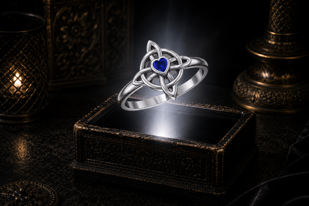 Sterling silver four-point Celtic cross ring with heart-shaped sapphire gemstone displayed above a glowing antique jewelry box in a dramatic cinematic scene