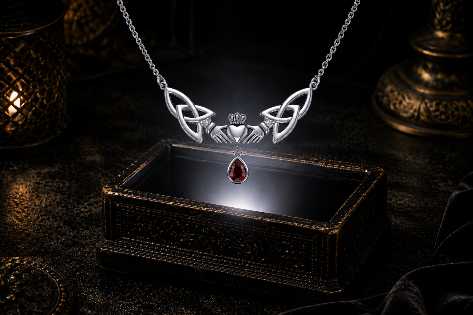 Sterling silver Celtic Claddagh drop necklace with amethyst gemstone accent floating above a glowing ornate jewelry box in a dark cinematic setting