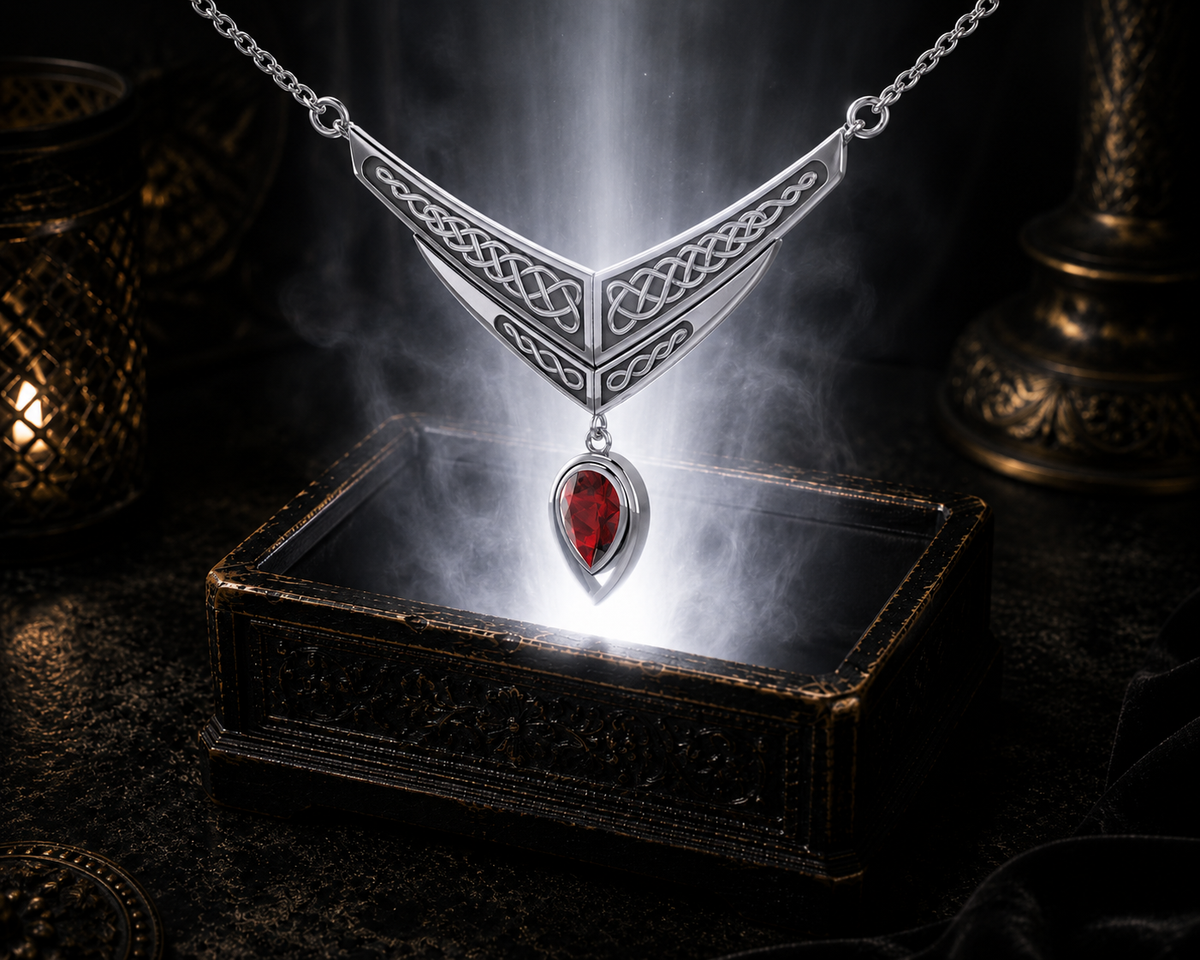 Garnet sterling silver Celtic interlace wing pendant necklace resting within a mystical luxury scene above an ornate dark jewelry box
